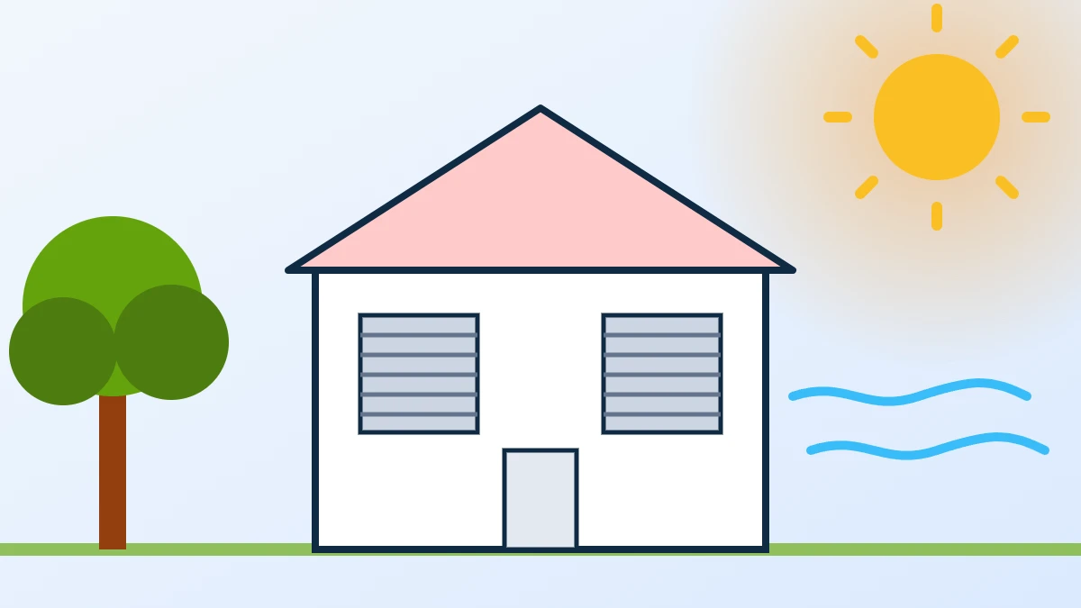 Maison protégée du soleil par ses volets fermés, avec de l’ombre et un courant d’air frais